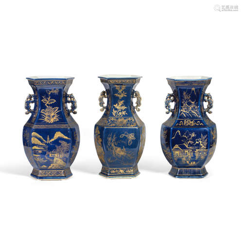 THREE GILT-DECORATED BLUE GLAZED HEXAGONAL VASES 18th/19th c...