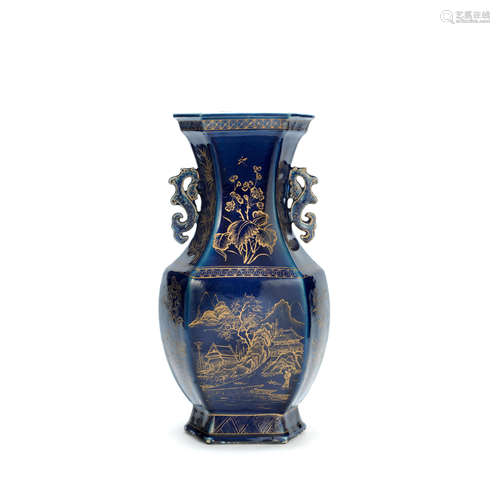 A LARGE HEXAGONAL GILT-DECORATED BLUE GLAZED VASE 19th centu...