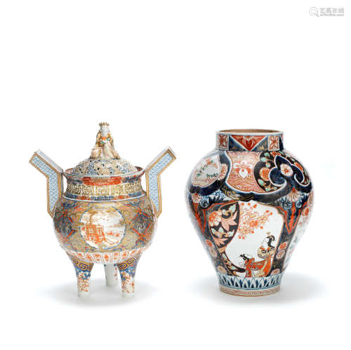 AN IMARI BALUSTER VASE AND A TRIPOD INCENSE BURNER AND COVER...