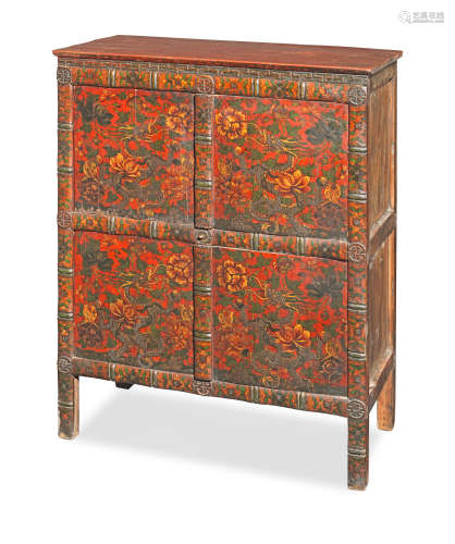 A SMALL PAINTED WOOD 'FLORAL' CABINET Tibet, late 19th centu...