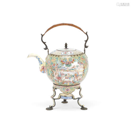 A FINE PAINTED ENAMEL 'EUROPEAN SUBJECT' TEAPOT, COVER AND S...