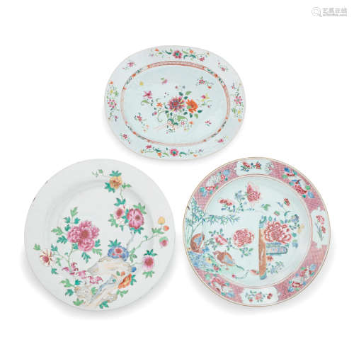 A GROUP OF THREE LARGE FAMILLE ROSE EXPORT 'FLORAL' DISHES 1...