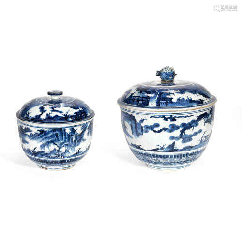 TWO ARITA BLUE AND WHITE DEEP BOWLS AND COVERS 17th/18th cen...