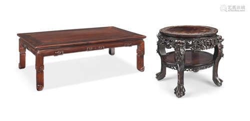 A CARVED HONGMU STAND AND A STAINED HONGMU LOW TABLE, KANG L...