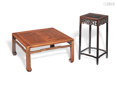 A HARDWOOD LOW SQUARE TABLE AND A HARDWOOD CARVED SQUARE STA...