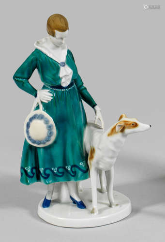 Jugendstil-Figur einer Dame mit Windhund