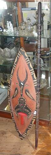 Tribal Art: Souvenir African shield and similar staff