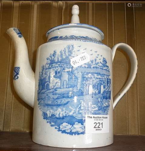 Early English pearlware teapot in blue and white with transf...