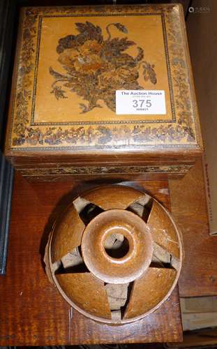 Tunbridge Ware box with flower design, and a carved nut ratt...