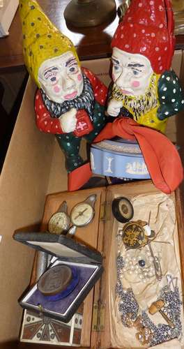 Box containing jewellery bits, whistle, compass, gnomes, etc...