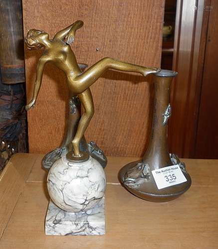 Art Deco bronze nude dancer on marble base and a pair of Ori...