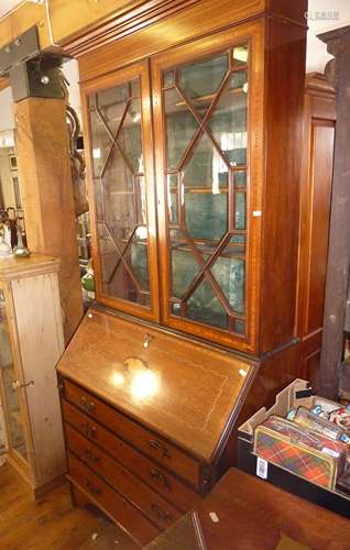 Edwardian inlaid mahogany bureau, bookcase with astragal gla...