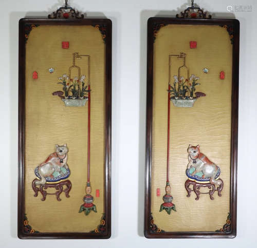 PAIR OF LACQUER WITH GEM DECORATED SCREEN
