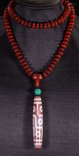 TIBETAN AGATE&NINE EYE PATTERN DZI STRING NECKLACE