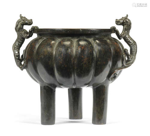 A RARE BRONZE GOURD-SHAPED TRIPOD INCENSE BURNER, DING Ming ...