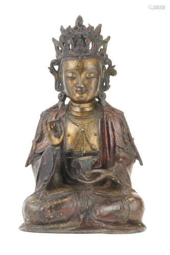 A LARGE PARCEL-GILT-LACQUERED BRONZE FIGURE OF GUANYIN Ming ...