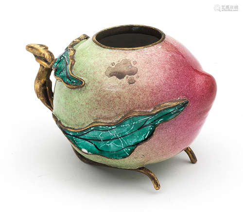 AN UNUSUAL PAINTED ENAMEL AND GILT-BRONZE 'PEACH' WATERPOT 1...