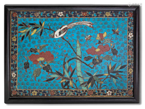 A RARE CLOISONNÉ ENAMEL 'PHEASANT AND FLOWERS' PANEL First h...