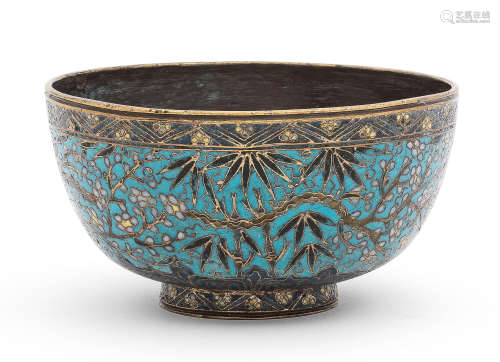 A CLOISONNÉ ENAMEL 'PRUNUS AND BAMBOO' BOWL 16th century