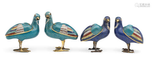 TWO PAIRS OF CLOISONNÉ ENAMEL 'QUAIL' INCENSE BURNERS AND CO...