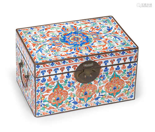 A RARE PAINTED ENAMEL RECTANGULAR CASKET FOR THE MIDDLE-EAST...