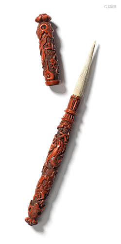 A RARE CARVED CINNABAR LACQUER 'DRAGONS' BRUSH AND COVER Lat...