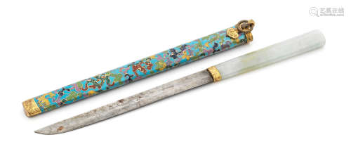A JADEITE-HILTED KNIFE WITH CLOISONNÉ ENAMEL SHEATH Mid Qing...