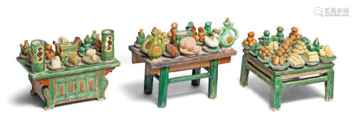 THREE SANCAI-GLAZED OFFERING TABLES Ming Dynasty