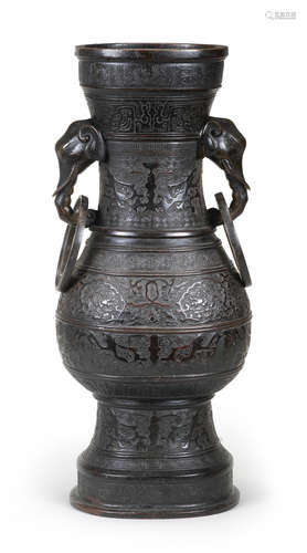 A LARGE BRONZE BALUSTER VASE, HU Ming Dynasty