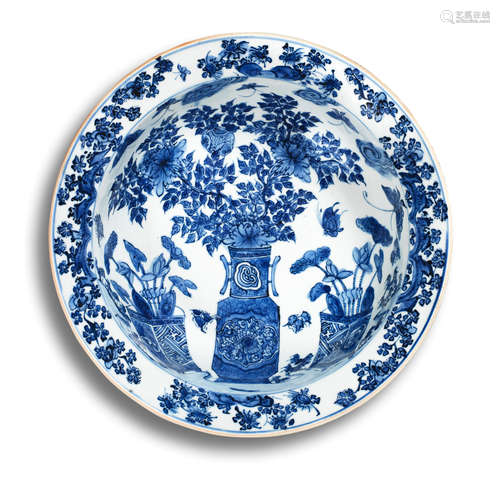 A RARE BLUE AND WHITE BASIN Chenghua six-character mark, Tia...