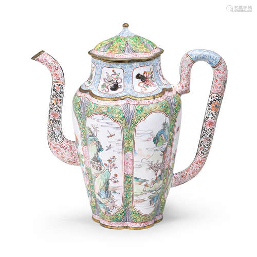 A PAINTED ENAMEL SIX-SIDED SLENDER WINE EWER AND COVER Qianl...