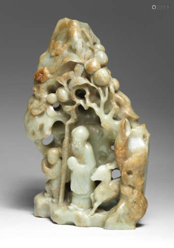 A LARGE PALE GREEN AND RUSSET JADE 'SHOULAO' BOULDER 18th ce...