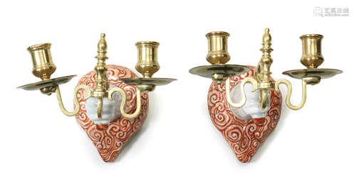 AN UNUSUAL PAIR OF ROUGE-DE-FER EUROPEAN-STYLE WALL SCONCES ...