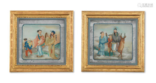 A PAIR OF REVERSE-GLASS PAINTINGS OF IMMORTALS 19th century