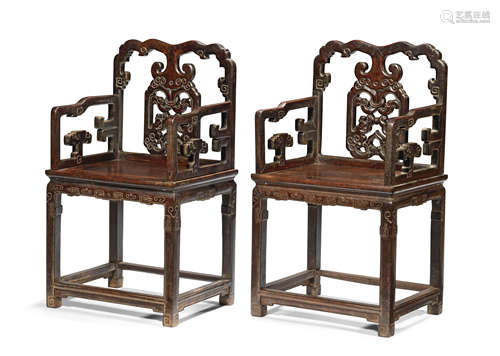 A PAIR OF HARDWOOD ARMCHAIRS 19th century