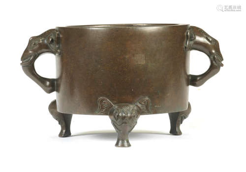 A RARE BRONZE 'ELEPHANT' TRIPOD INCENSE BURNER Ming Dynasty