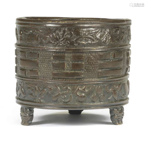 A BRONZE 'BAGUA' TRIPOD INCENSE BURNER Incised Hu Wenming fo...