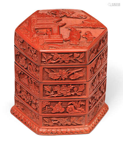 A CARVED CINNABAR LACQUER FOUR-TIERED BOX AND COVER Late Min...