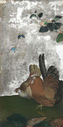 A REVERSE-GLASS MIRROR PAINTING OF A COCKEREL AND HEN 18th c...