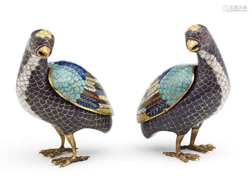 A PAIR OF CLOISONNÉ ENAMEL PURPLE-GROUND 'QUAIL' INCENSE BUR...