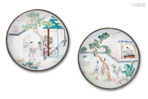 A PAIR OF PAINTED ENAMEL 'ROMANCE OF THE WESTERN CHAMBER' DI...
