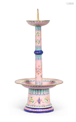 A PAINTED ENAMEL PINK-GROUND 'BAJIXIANG' PRICKET CANDLESTICK...