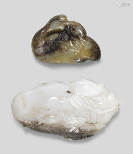 A WHITE AND GREY JADE 'DOUBLE MANDARIN DUCK' GROUP 18th cent...