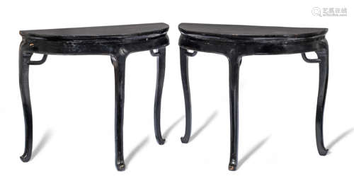 A PAIR OF BLACK-LACQUERED ELMWOOD DEMI-LUNE TABLES Late Qing...