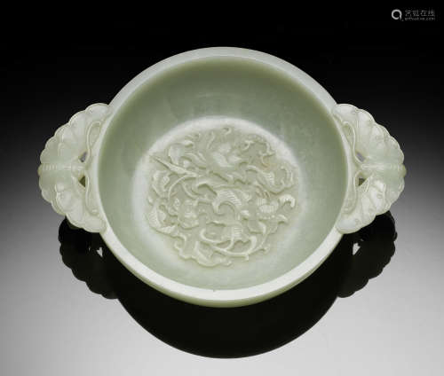 A VERY FINE AND RARE PALE GREEN JADE MARRIAGE BOWL Qianlong