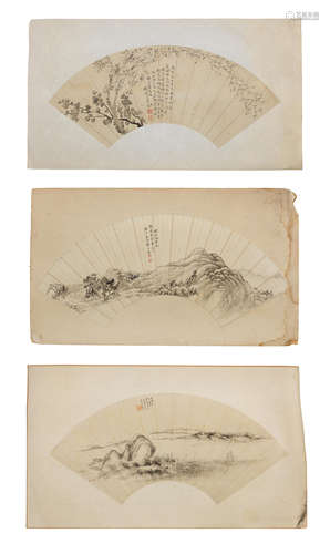 THREE FAN PAINTINGS Qing Dynasty