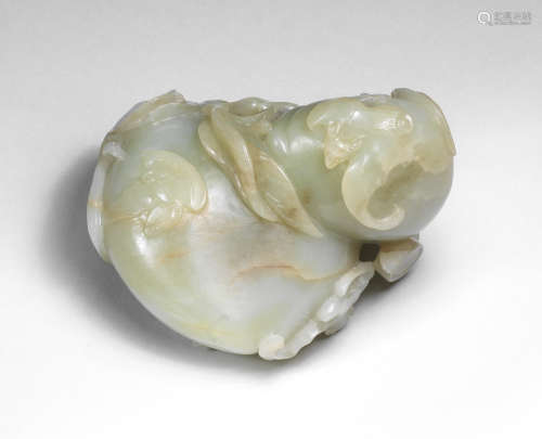 A PALE GREEN JADE 'DOUBLE PEACH AND BAT' GROUP 18th century