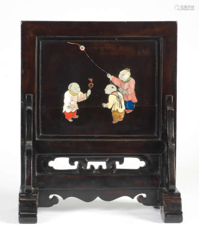 AN INLAID BLACK LACQUER 'BOYS AT PLAY' DOUBLE-SIDED TABLE SC...