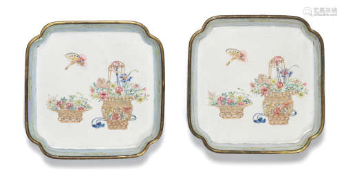 A PAIR OF PAINTED ENAMEL SQUARE TRAYS Zhu ju two-characters ...