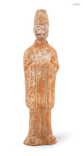 A LARGE PAINTED POTTERY FIGURE OF AN OFFICIAL Tang Dynasty